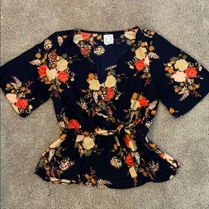 blue floral wrap top